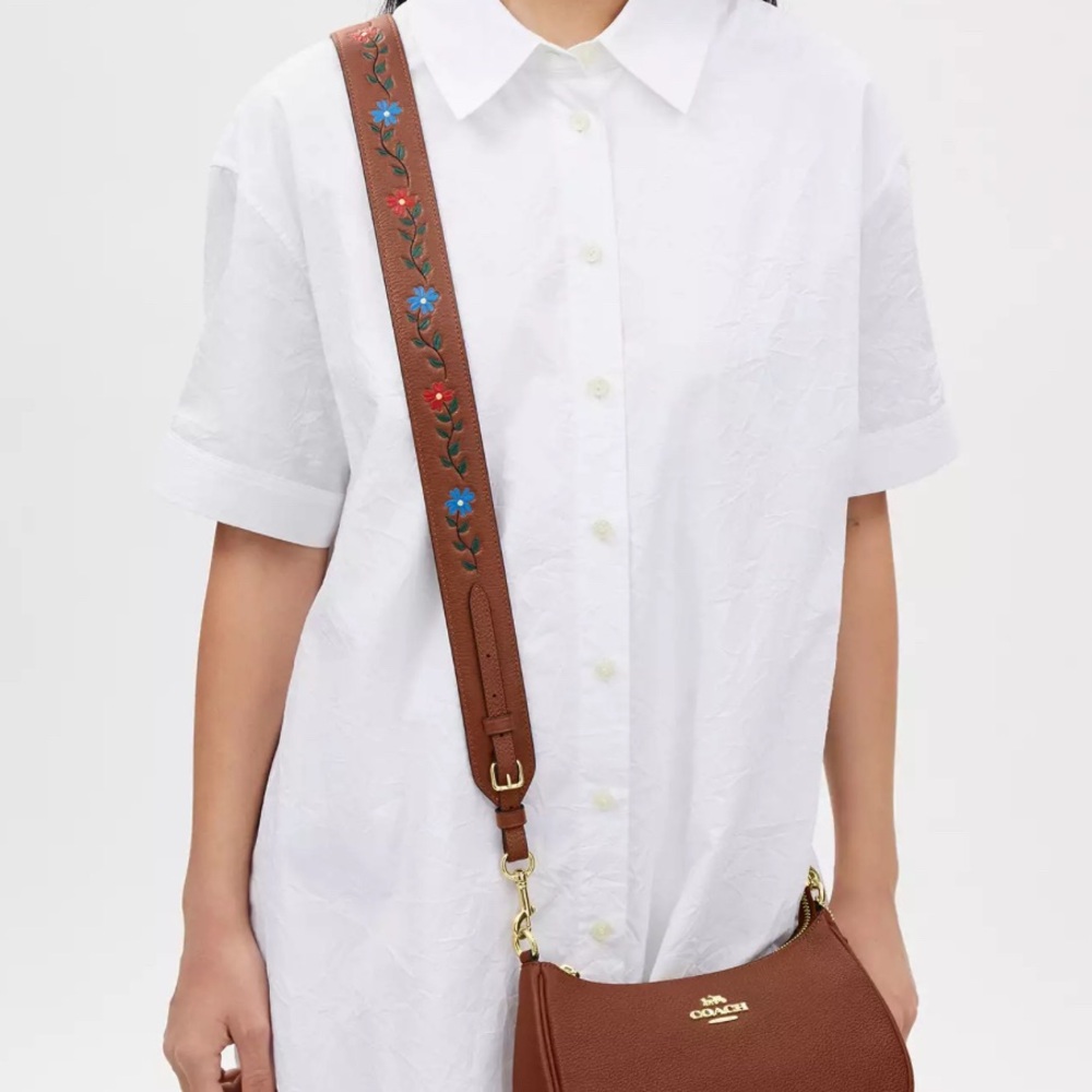Coach Floral Embellished Tan Leather Bag Strap